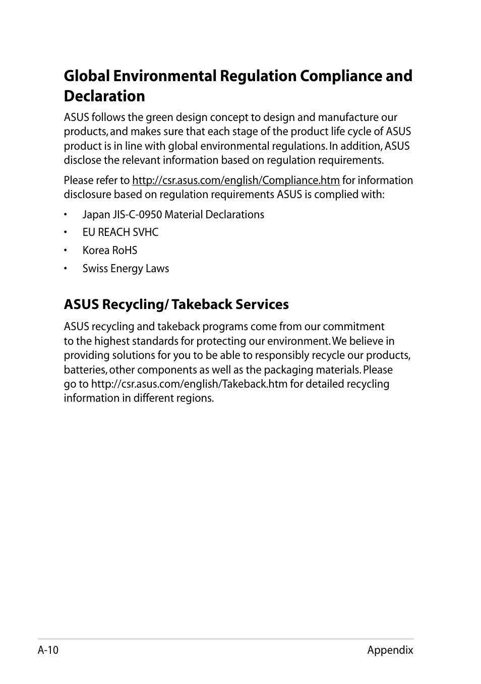 Asus recycling/ takeback services | Asus Eee PC R051CX User Manual | Page 62 / 66