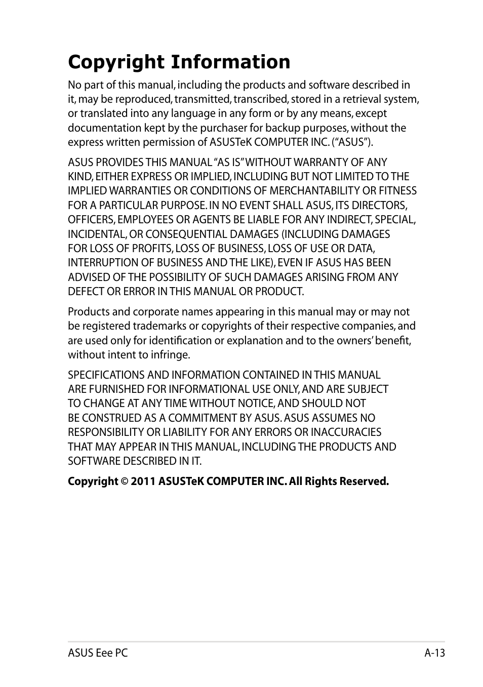 Copyright information | Asus Eee PC R051CX User Manual | Page 65 / 66