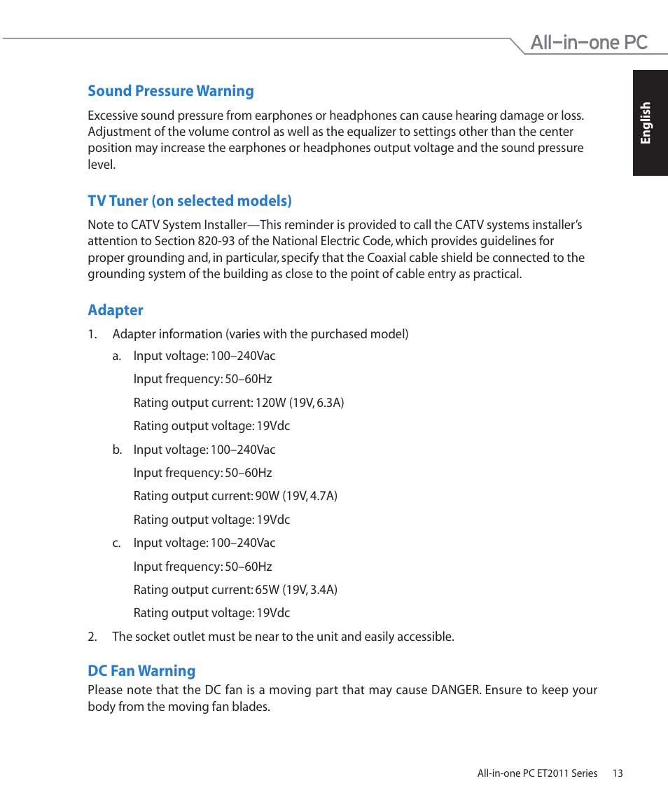 Sound pressure warning, Tv tuner (on selected models), Adapter | Dc fan warning | Asus ET2011AUTB User Manual | Page 13 / 42