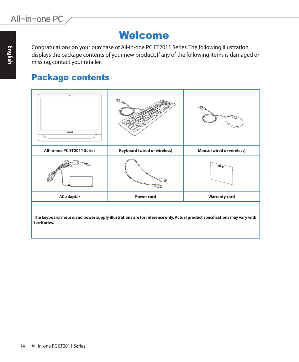 Welcome, Package contents | Asus ET2011AUTB User Manual | Page 14 / 42