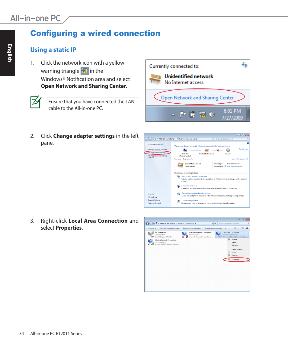 Configuring a wired connection, Using a static ip | Asus ET2011AUTB User Manual | Page 34 / 42