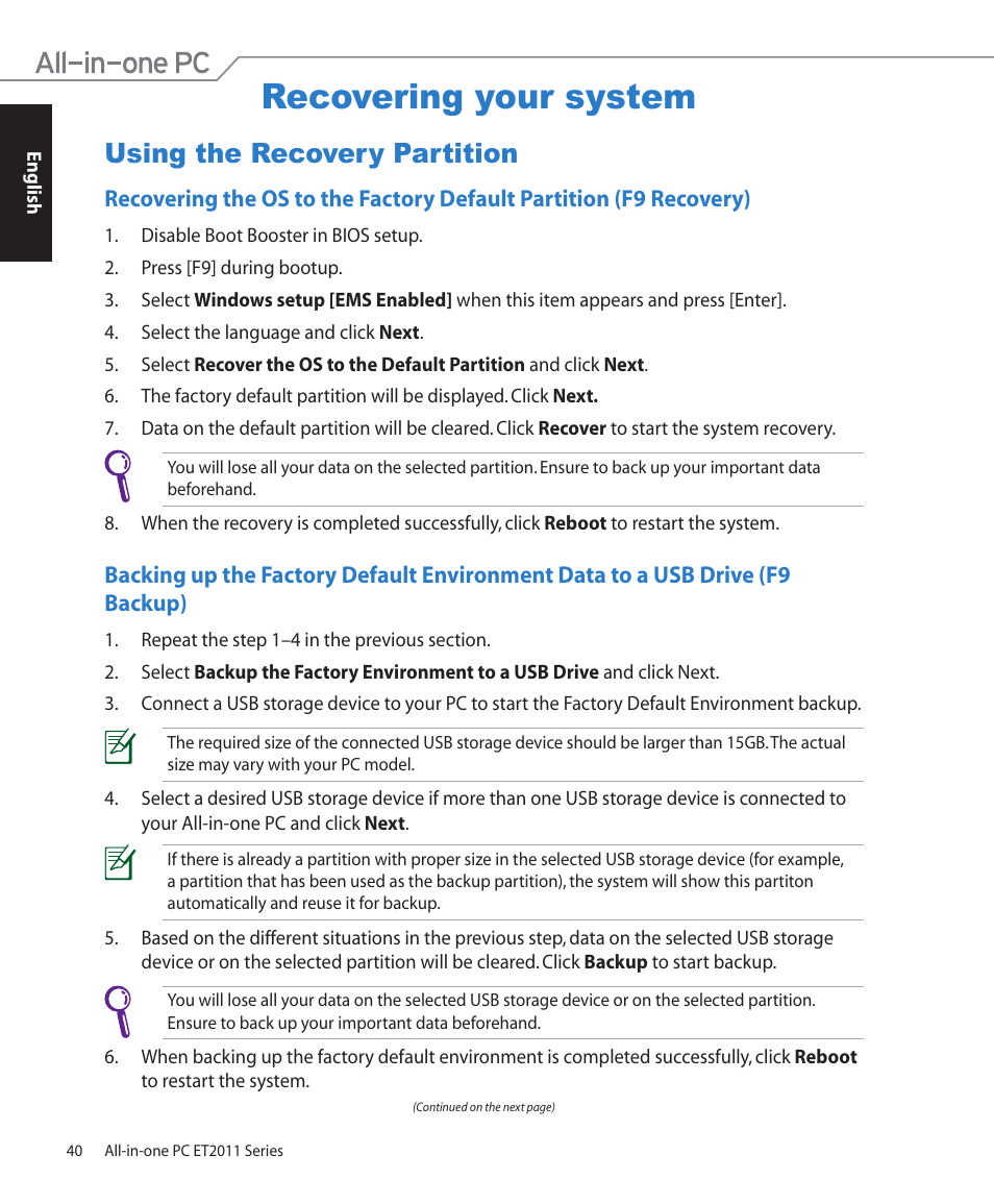 Recovering your system, Using the recovery partition | Asus ET2011AUTB User Manual | Page 40 / 42