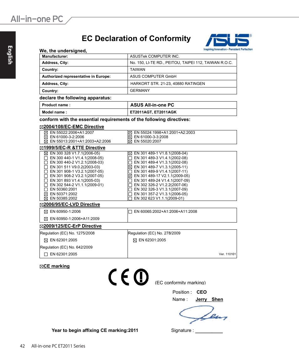 Ec dec, Clarati, On of | Confo, Ormity, English | Asus ET2011AUTB User Manual | Page 42 / 42