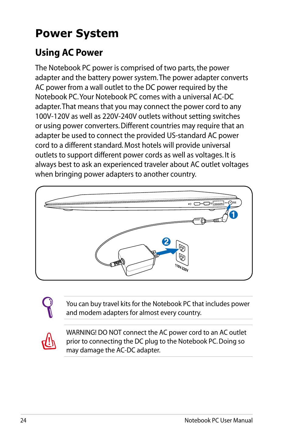 Power system, Using ac power | Asus UX31E User Manual | Page 24 / 100