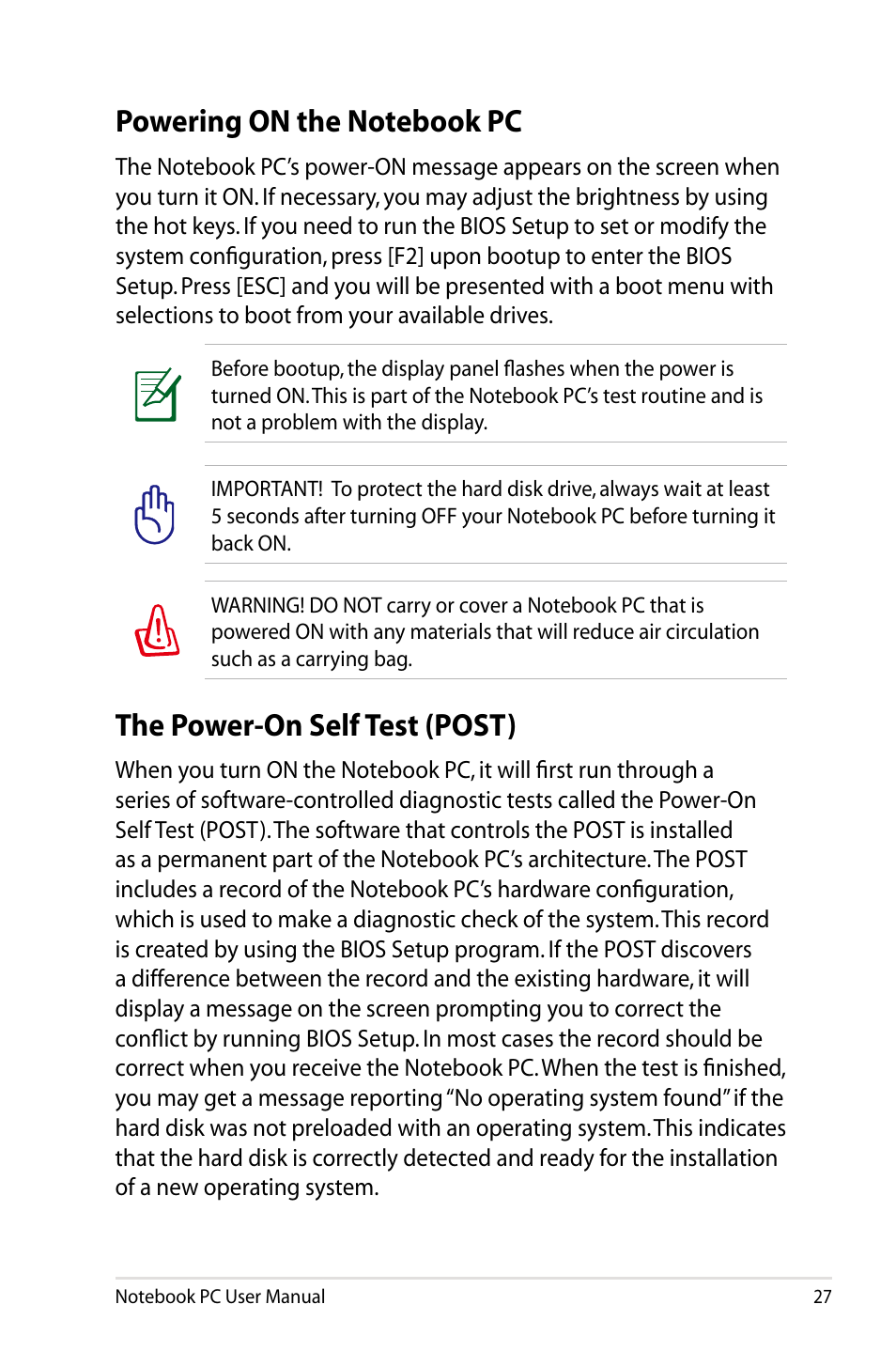 Powering on the notebook pc, The power-on self test (post) | Asus UX31E User Manual | Page 27 / 100