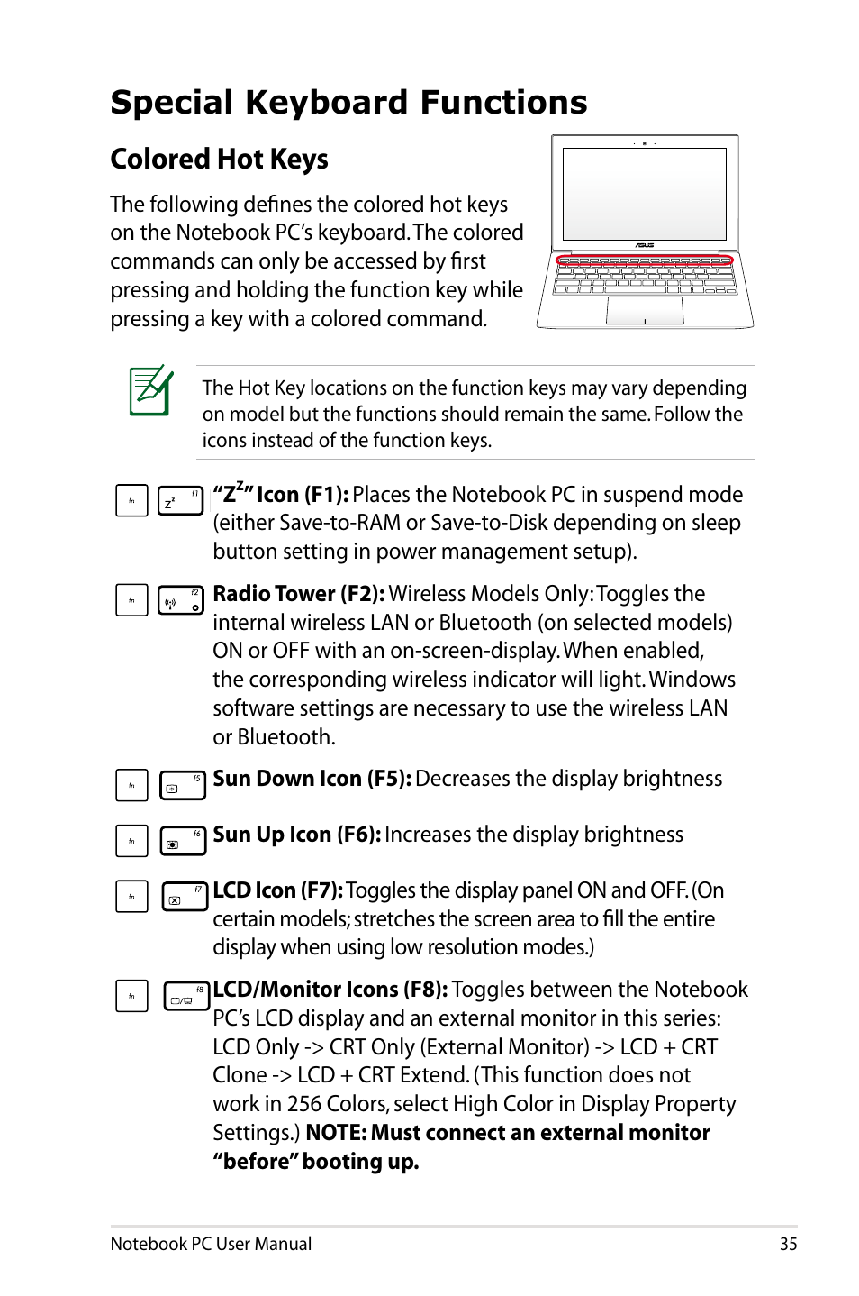 Special keyboard functions, Colored hot keys | Asus UX31E User Manual | Page 35 / 100