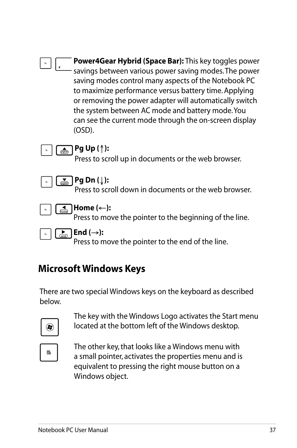 Microsoft windows keys | Asus UX31E User Manual | Page 37 / 100