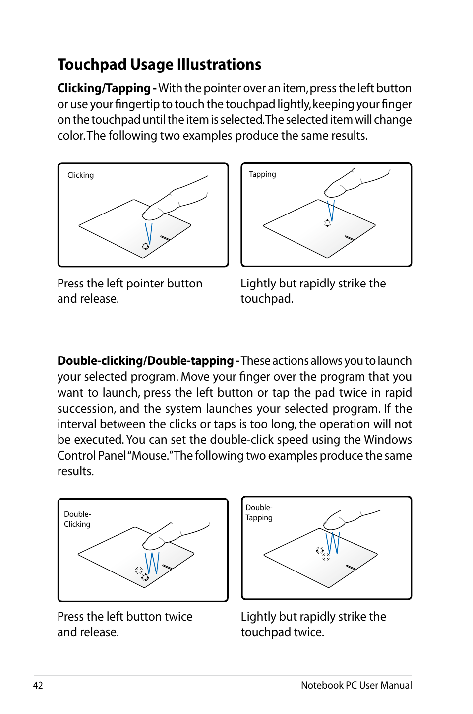 Touchpad usage illustrations | Asus UX31E User Manual | Page 42 / 100