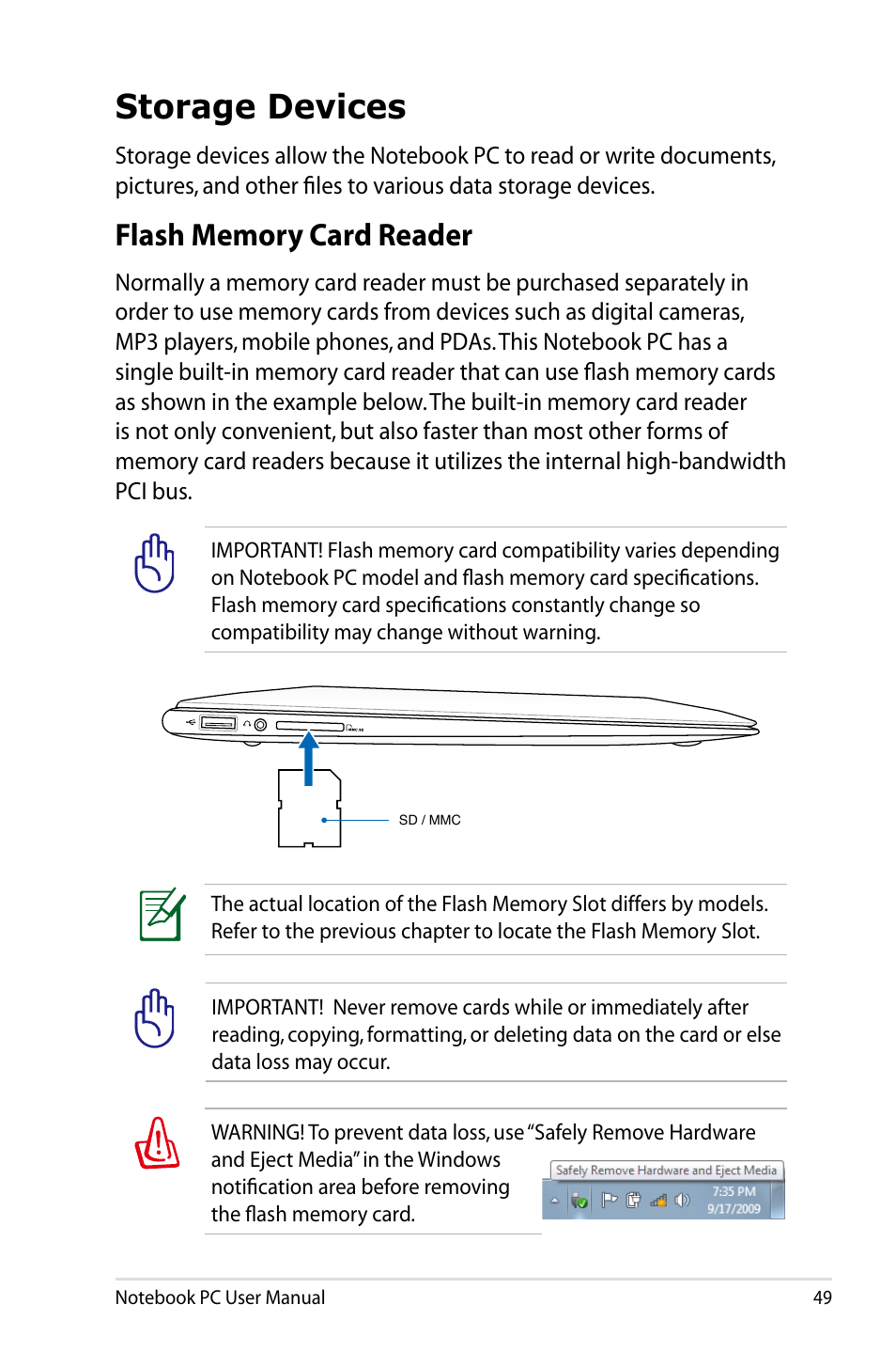 Storage devices, Flash memory card reader | Asus UX31E User Manual | Page 49 / 100