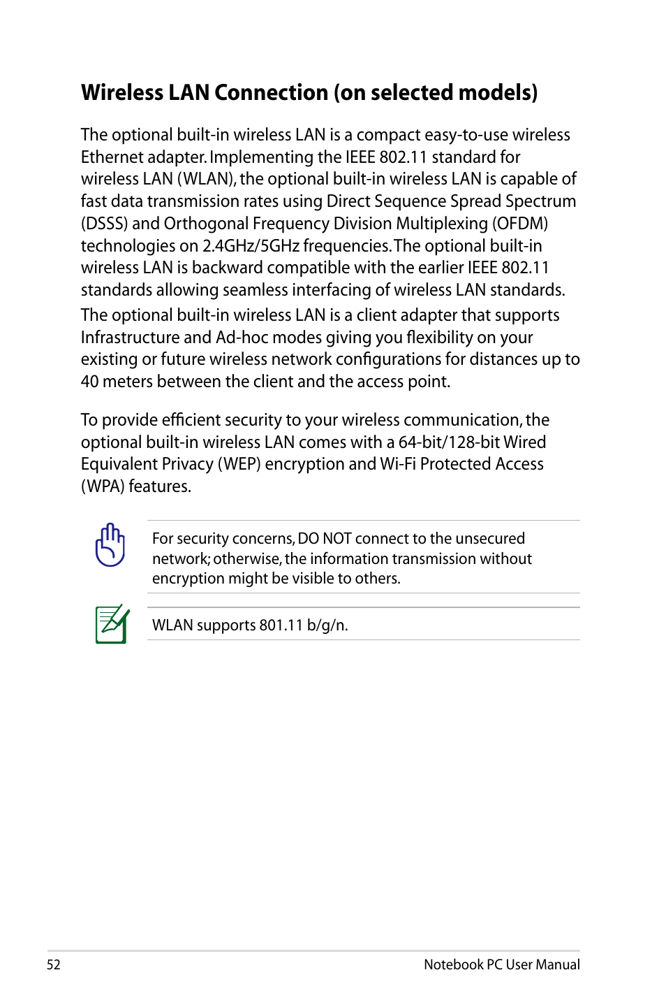 Wireless lan connection (on selected models) | Asus UX31E User Manual | Page 52 / 100