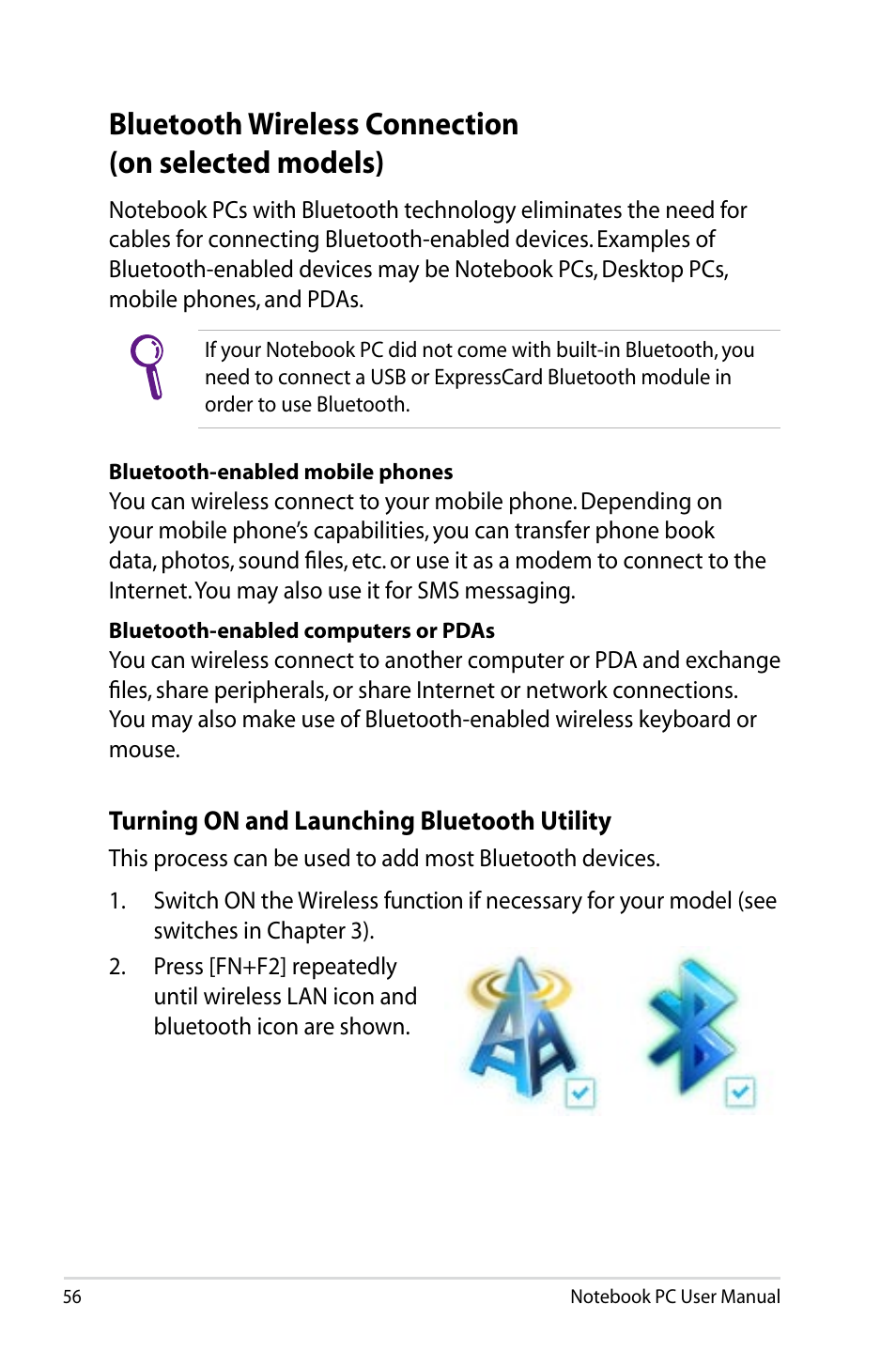 Bluetooth wireless connection(on selected models), Bluetooth wireless connection (on selected models) | Asus UX31E User Manual | Page 56 / 100