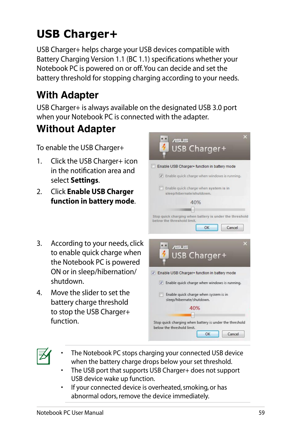 Usb charger, With adapter, Without adapter | Asus UX31E User Manual | Page 59 / 100