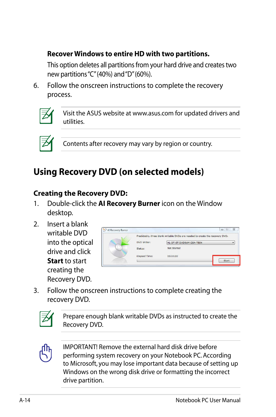 Using recovery dvd (on selected models) | Asus UX31E User Manual | Page 74 / 100