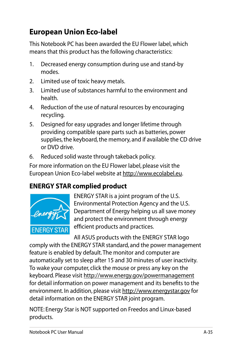 European union eco-label, Energy star complied product | Asus UX31E User Manual | Page 95 / 100