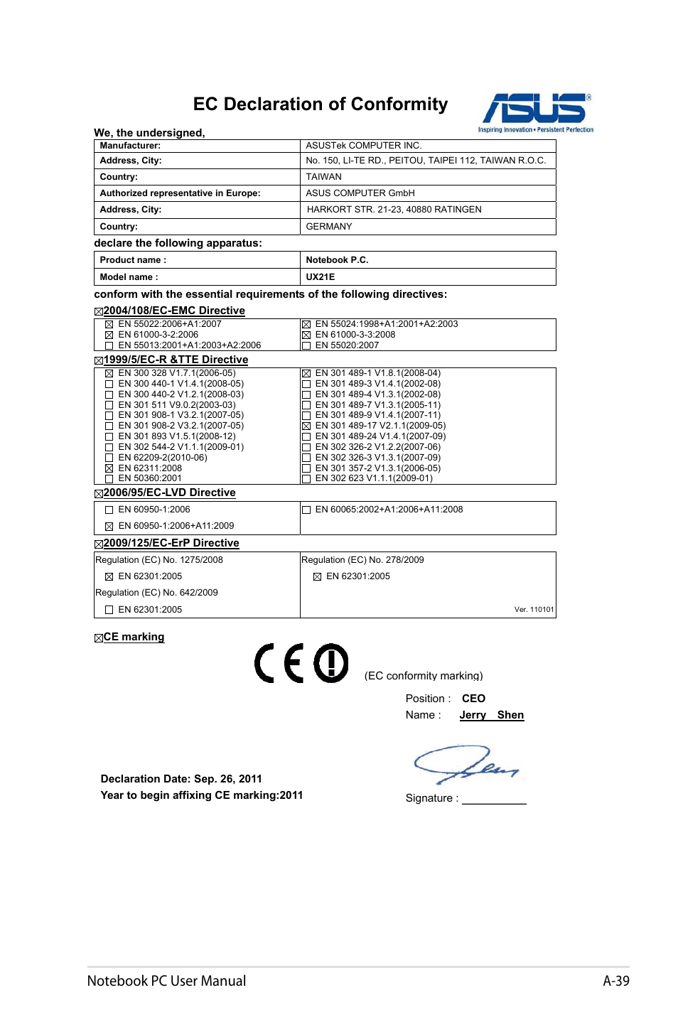 Ec declaration of conformity | Asus UX31E User Manual | Page 99 / 100