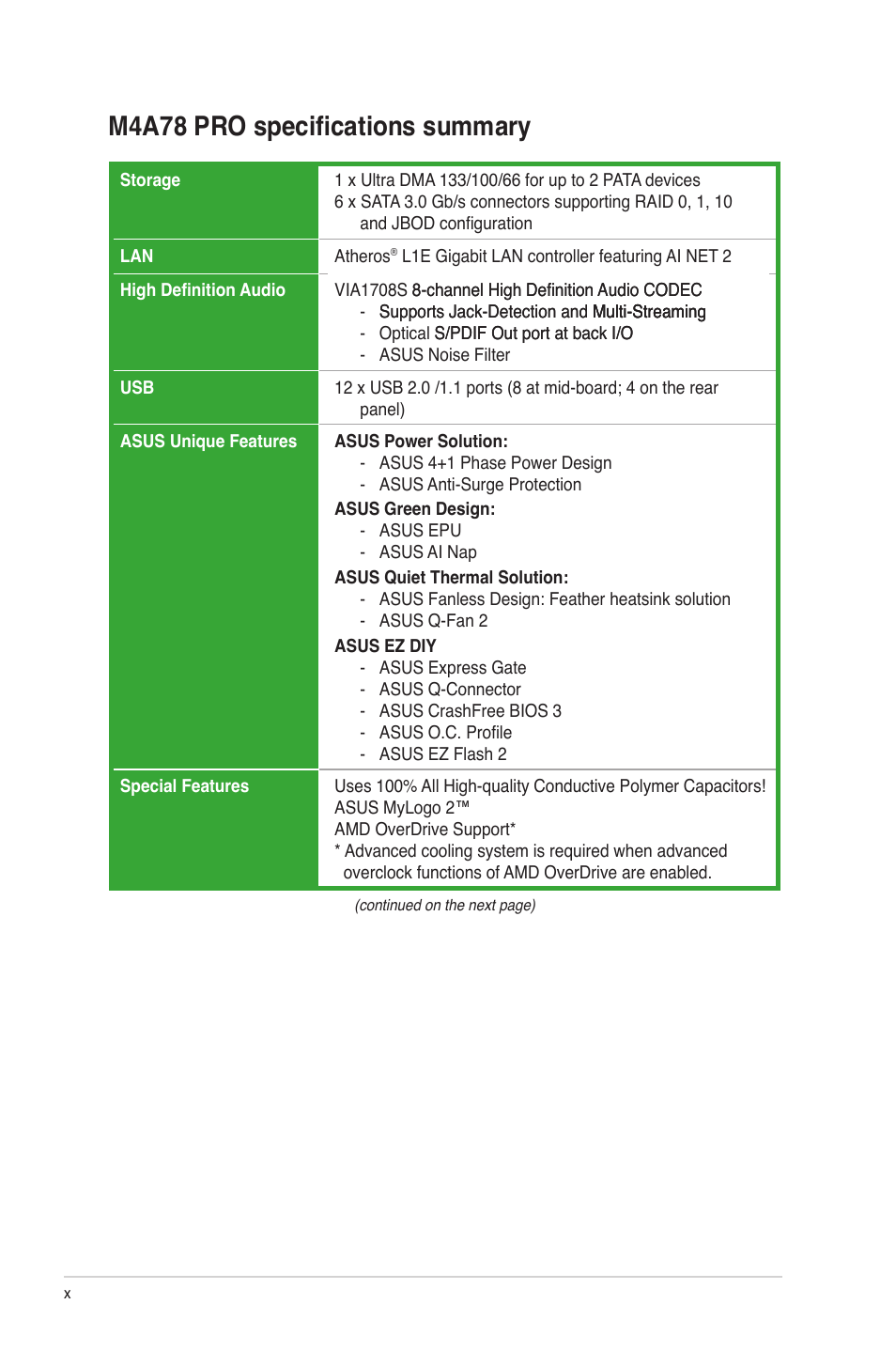 M4a78 pro specifications summary | Asus M4A78 Pro User Manual | Page 10 / 72