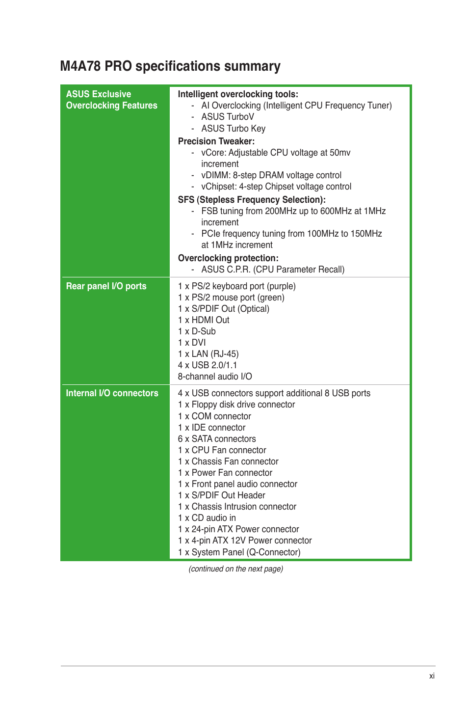 M4a78 pro specifications summary | Asus M4A78 Pro User Manual | Page 11 / 72