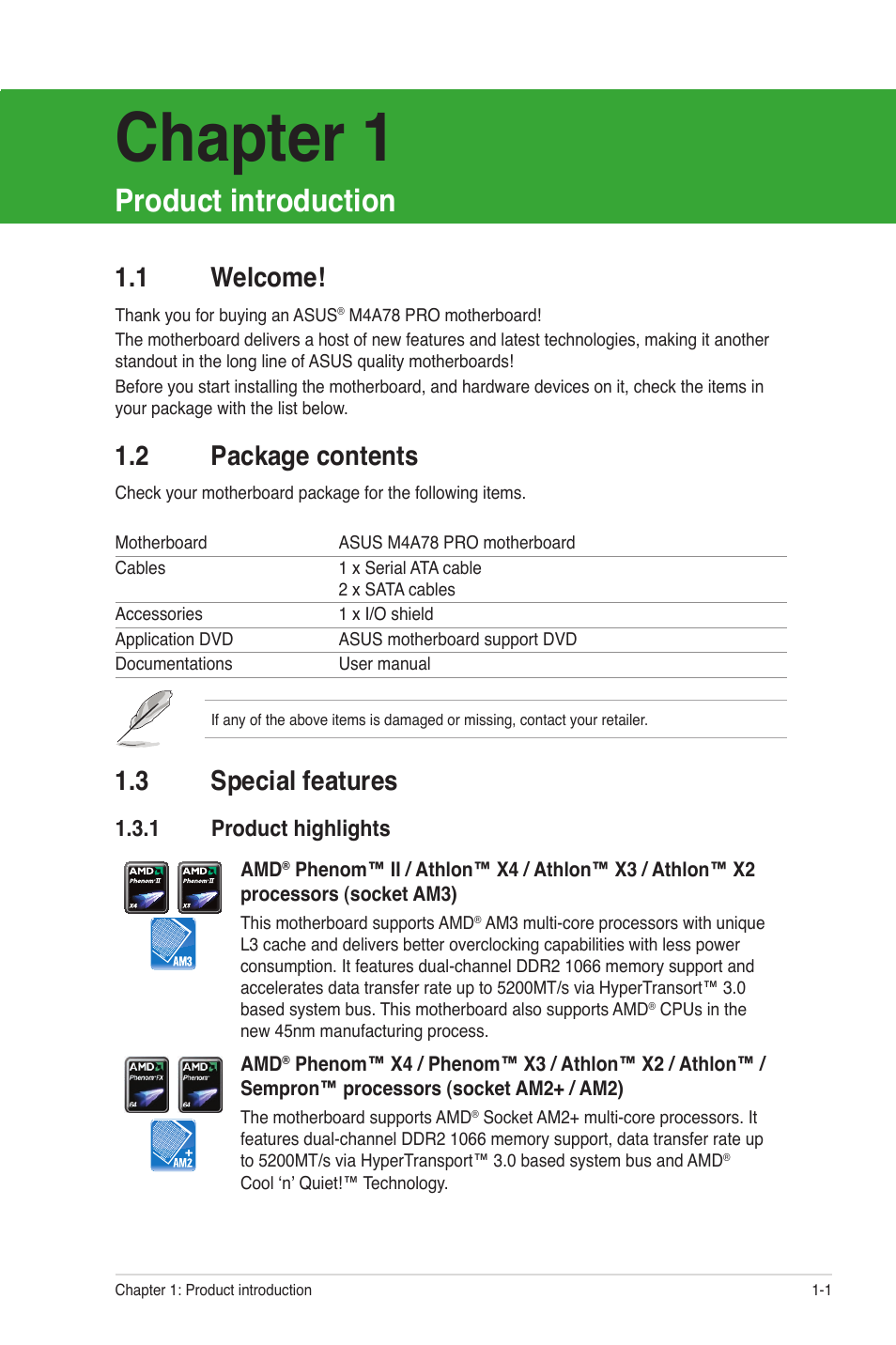 Chapter 1 product introduction, 1 welcome, 2 package contents | 3 special features, 1 product highlights, Chapter 1, Product introduction, Welcome! -1, Package contents -1, Special features -1 1.3.1 | Asus M4A78 Pro User Manual | Page 13 / 72