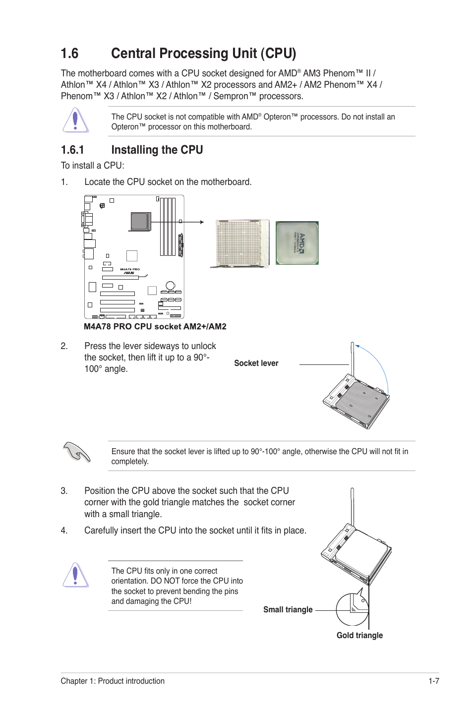 6 central processing unit (cpu), 1 installing the cpu, Central processing unit (cpu) -7 1.6.1 | Installing the cpu -7 | Asus M4A78 Pro User Manual | Page 19 / 72