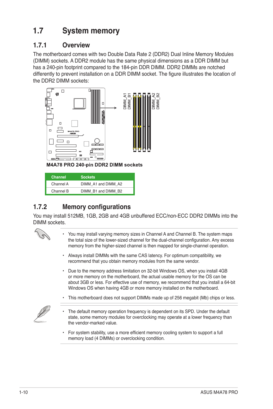 7 system memory, 1 overview, 2 memory configurations | System memory -10 1.7.1, Overview -10, Memory configurations -10 | Asus M4A78 Pro User Manual | Page 22 / 72