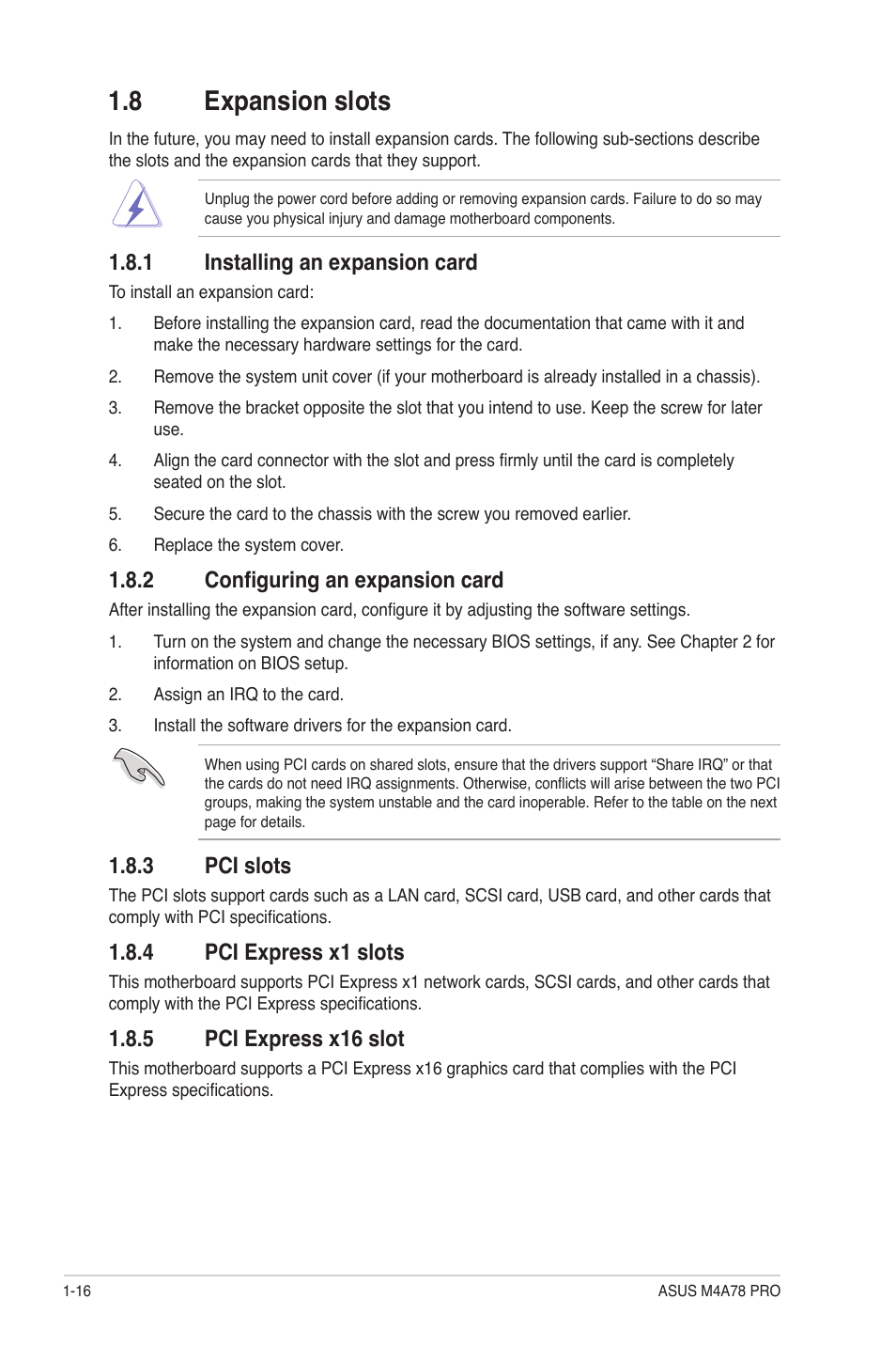 8 expansion slots, 1 installing an expansion card, 2 configuring an expansion card | 3 pci slots, 4 pci express x1 slots, 5 pci express x16 slot, Expansion slots -16 1.8.1, Installing an expansion card -16, Configuring an expansion card -16, Pci slots -16 | Asus M4A78 Pro User Manual | Page 28 / 72