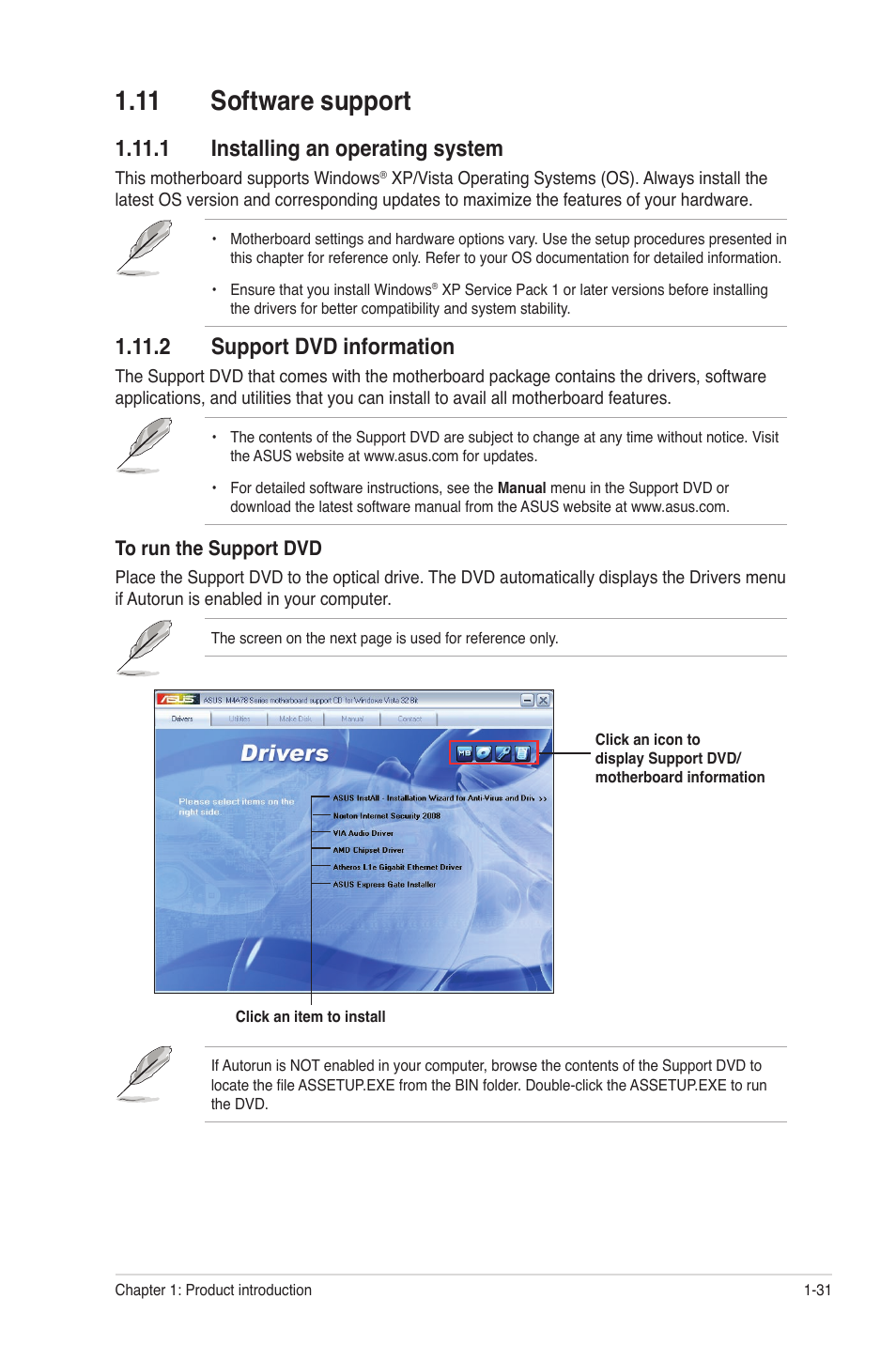 11 software support, 1 installing an operating system, 2 support dvd information | 11 software support -31 | Asus M4A78 Pro User Manual | Page 43 / 72