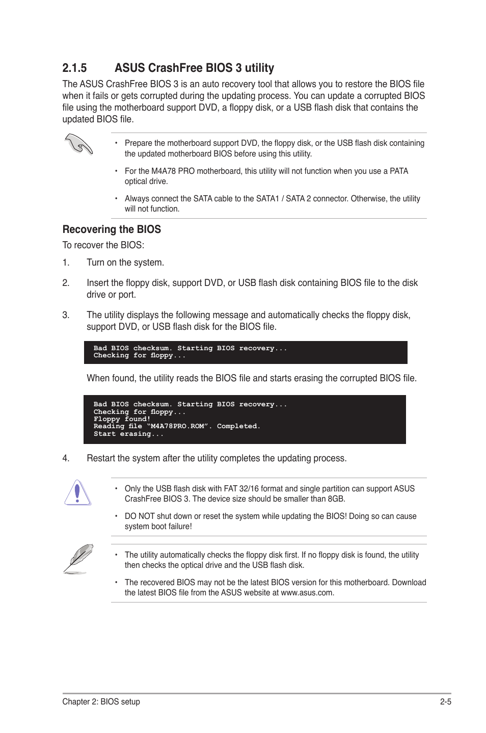 5 asus crashfree bios 3 utility, Asus crashfree bios 3 utility -5, Recovering the bios | Asus M4A78 Pro User Manual | Page 49 / 72