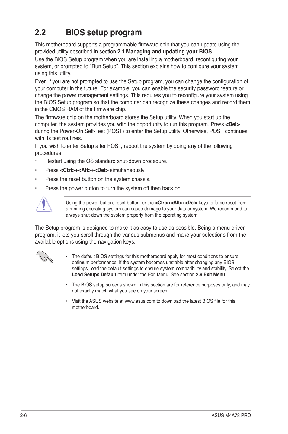 2 bios setup program, Bios setup program -6 | Asus M4A78 Pro User Manual | Page 50 / 72