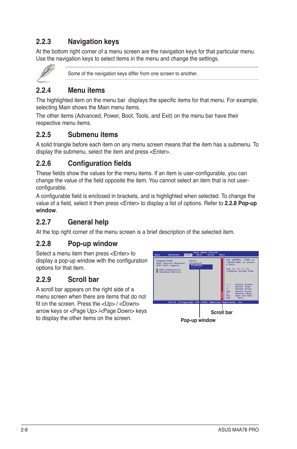 3 navigation keys, 4 menu items, 5 submenu items | 6 configuration fields, 7 general help, 8 pop-up window, 9 scroll bar, Navigation keys -8, Menu items -8, Submenu items -8 | Asus M4A78 Pro User Manual | Page 52 / 72