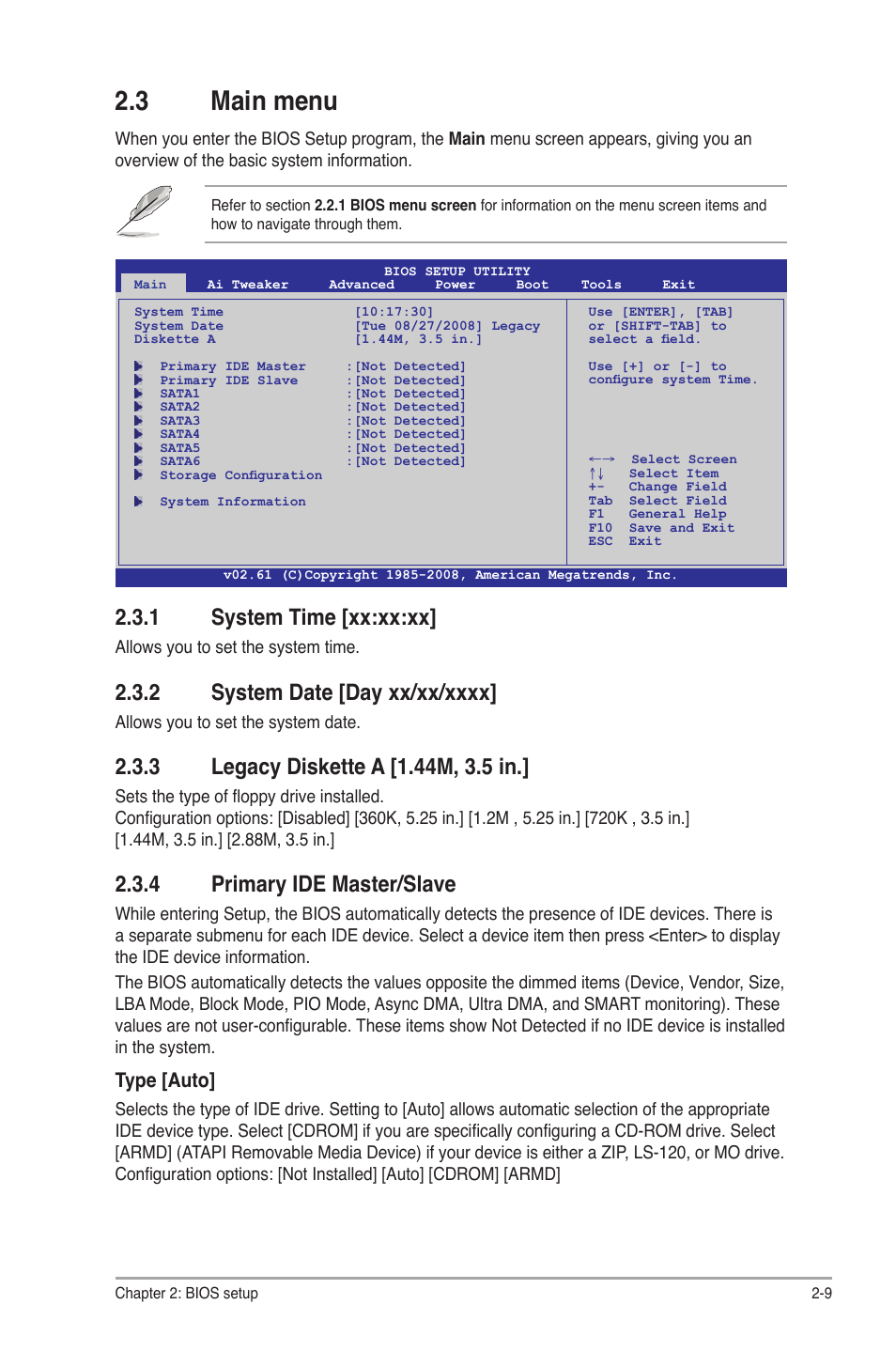 3 main menu, 1 system time [xx:xx:xx, 2 system date [day xx/xx/xxxx | 3 legacy diskette a [1.44m, 3.5 in, 4 primary ide master/slave, Main menu -9 2.3.1, System time -9, System date -9, Legacy diskette a -9, Primary ide master/slave -9 | Asus M4A78 Pro User Manual | Page 53 / 72