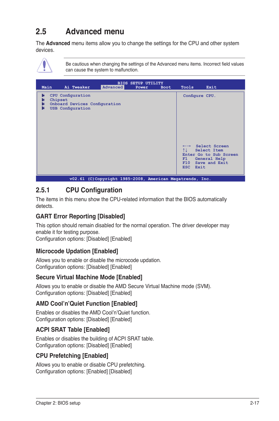 5 advanced menu, 1 cpu configuration, Advanced menu -17 2.5.1 | Cpu configuration -17 | Asus M4A78 Pro User Manual | Page 61 / 72