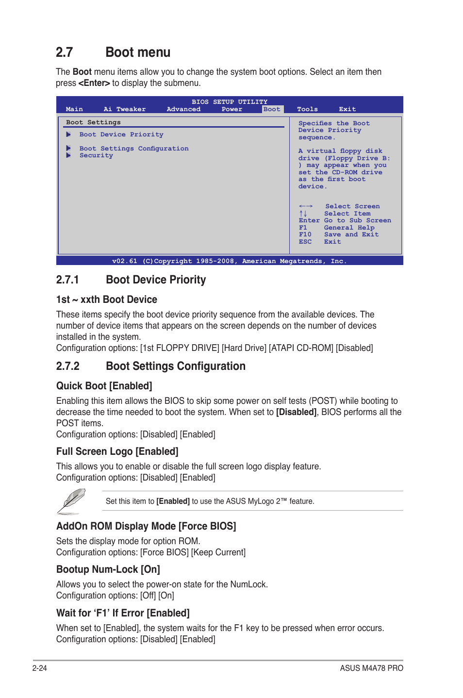7 boot menu, 1 boot device priority, 2 boot settings configuration | Boot menu -24 2.7.1, Boot device priority -24, Boot settings configuration -24, 1st ~ xxth boot device, Quick boot [enabled, Full screen logo [enabled, Addon rom display mode [force bios | Asus M4A78 Pro User Manual | Page 68 / 72