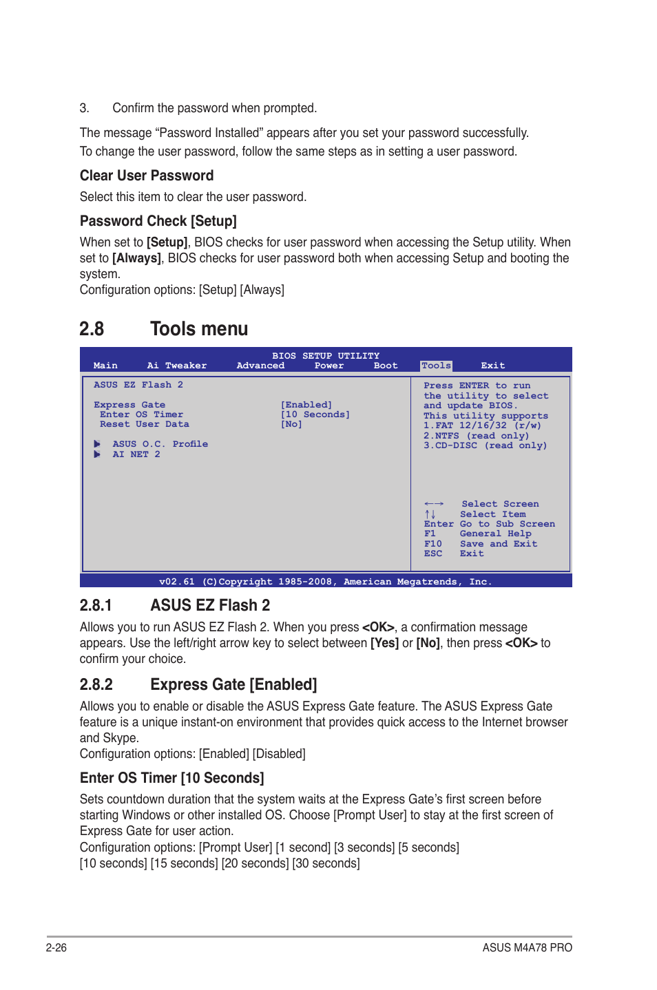 8 tools menu, 1 asus ez flash 2, 2 express gate [enabled | Tools menu -26 2.8.1, Asus ez flash 2 -26, Express gate -26, Clear user password, Password check [setup, Enter os timer [10 seconds | Asus M4A78 Pro User Manual | Page 70 / 72
