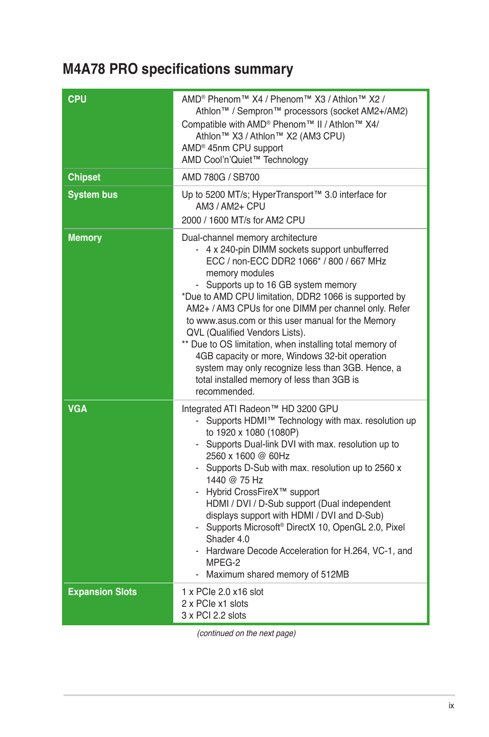 M4a78 pro specifications summary | Asus M4A78 Pro User Manual | Page 9 / 72