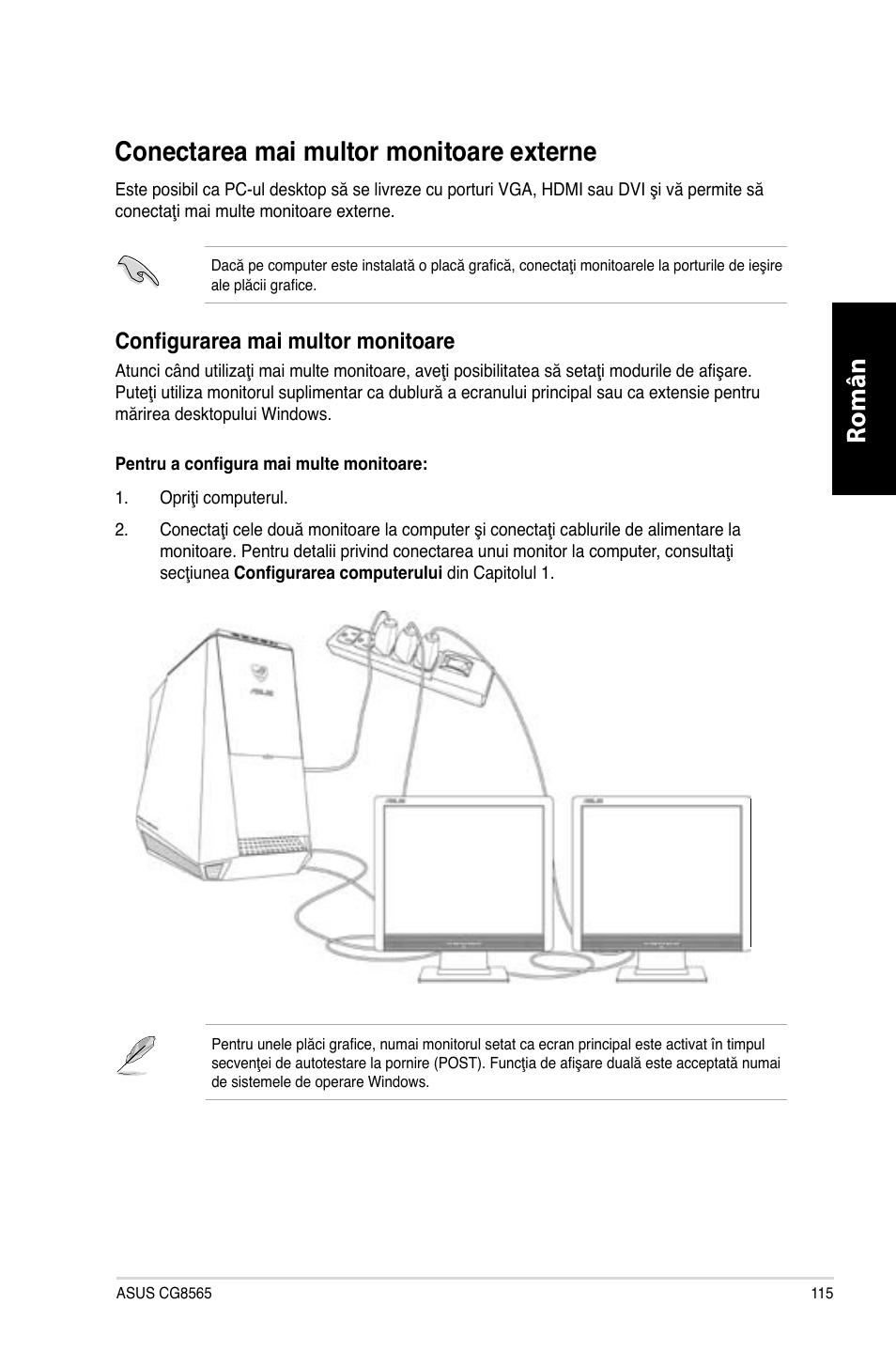 Conectarea mai multor monitoare externe, Română, Română conectarea mai multor monitoare externe | Configurarea mai multor monitoare | Asus CG8565 User Manual | Page 115 / 246