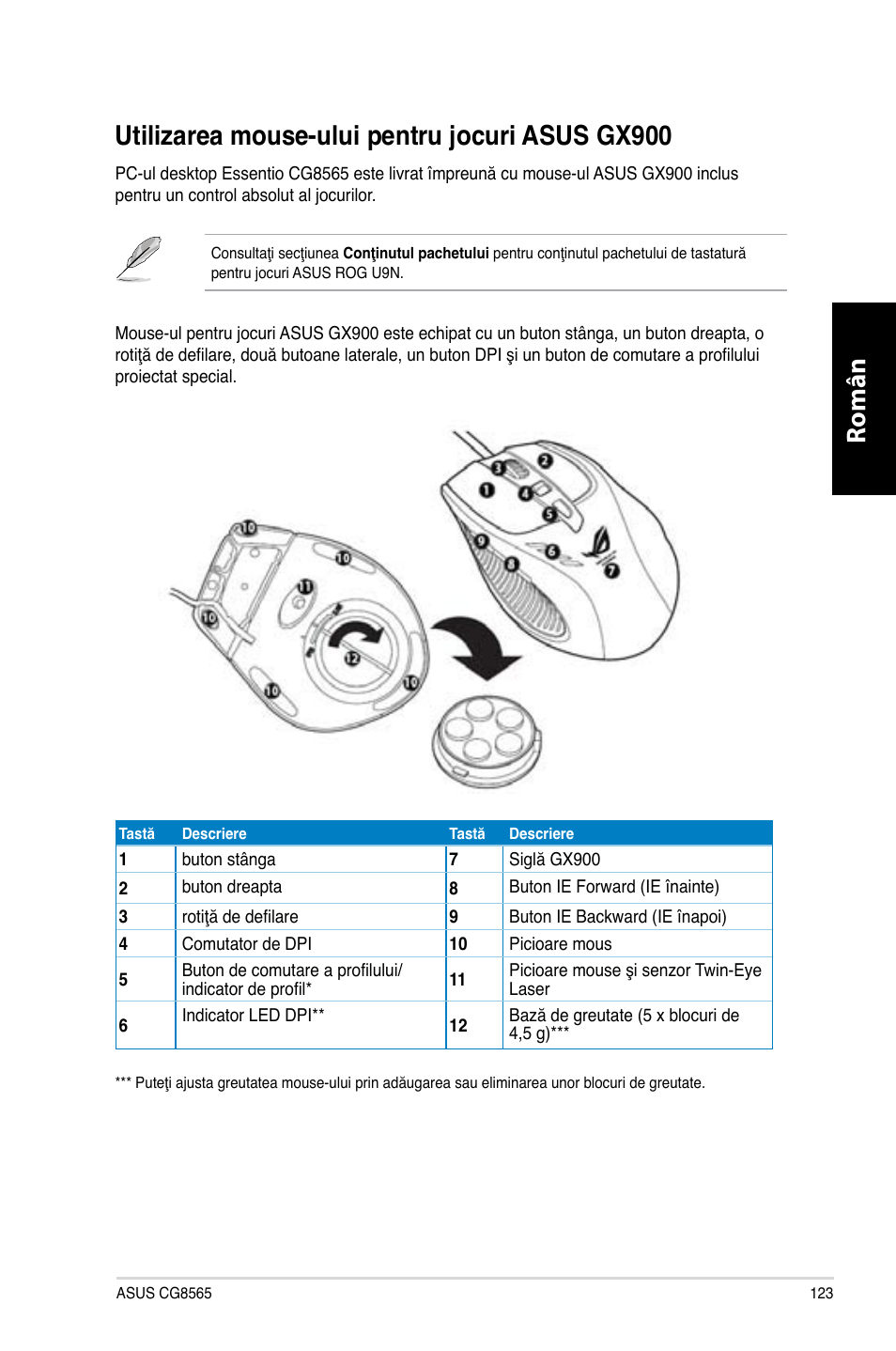 Utilizarea mouse-ului pentru jocuri asus gx900, Utilizarea mouse-ului pentru jocuri asus gx900 3, Română | Asus CG8565 User Manual | Page 123 / 246