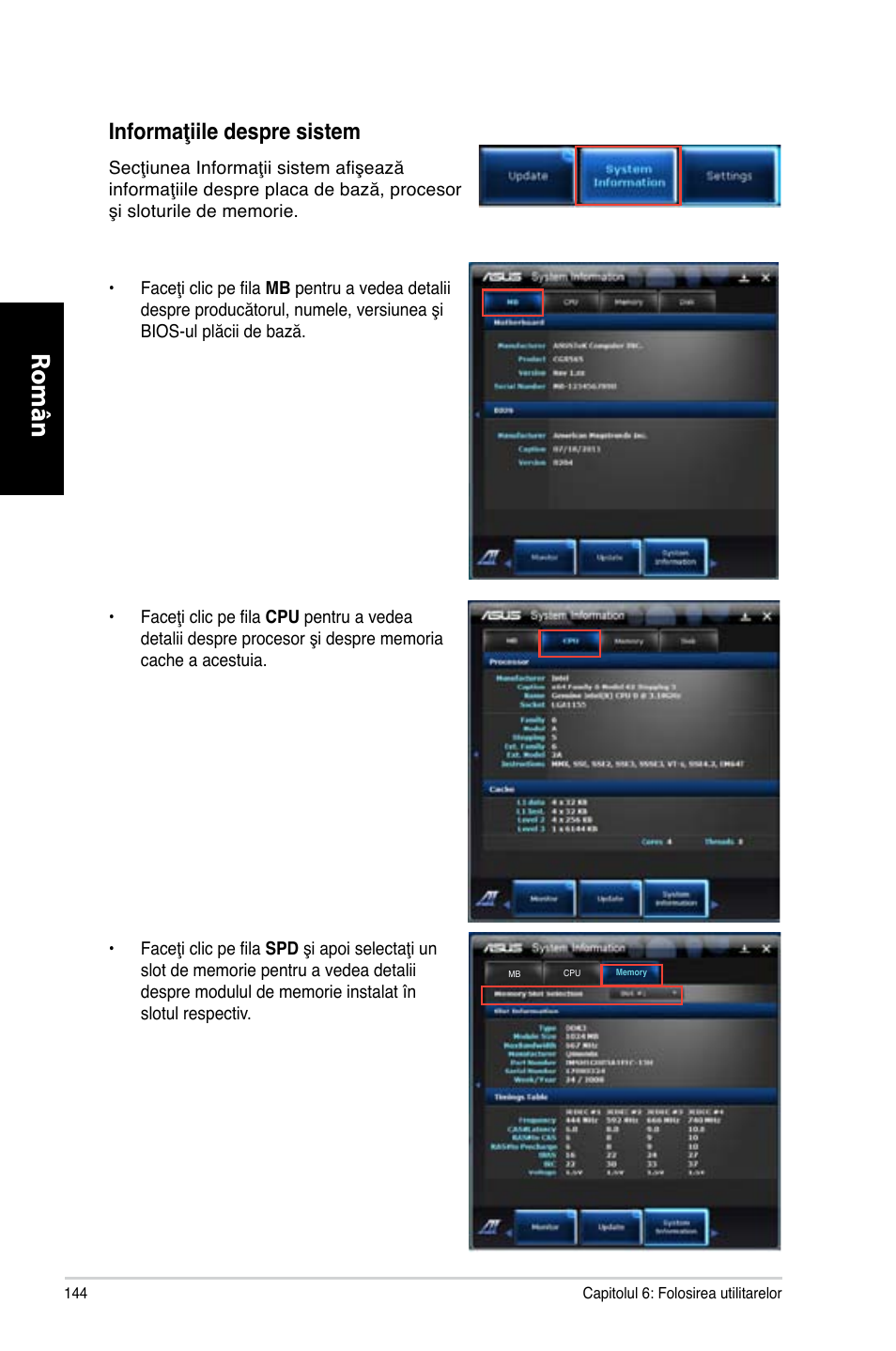 Română, Informaţiile despre sistem | Asus CG8565 User Manual | Page 144 / 246