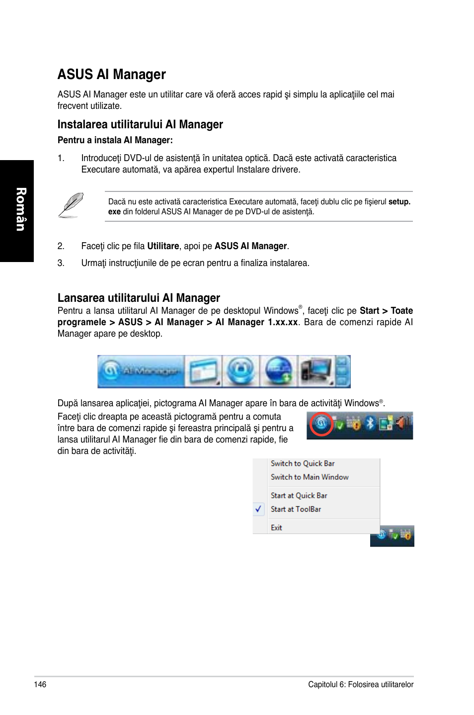 Asus ai manager, Română, Instalarea utilitarului ai manager | Lansarea utilitarului ai manager | Asus CG8565 User Manual | Page 146 / 246