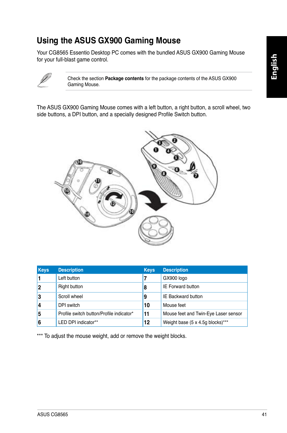 Using the asus gx900 gaming mouse, English | Asus CG8565 User Manual | Page 41 / 246