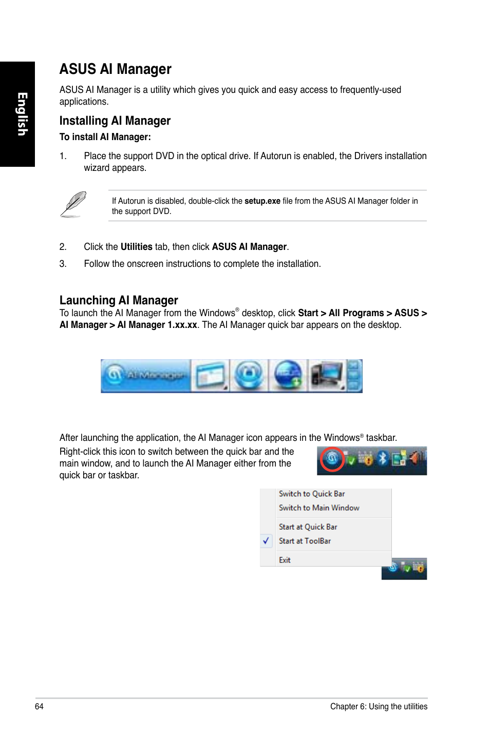 Asus ai manager, English, Installing ai manager | Launching ai manager | Asus CG8565 User Manual | Page 64 / 246