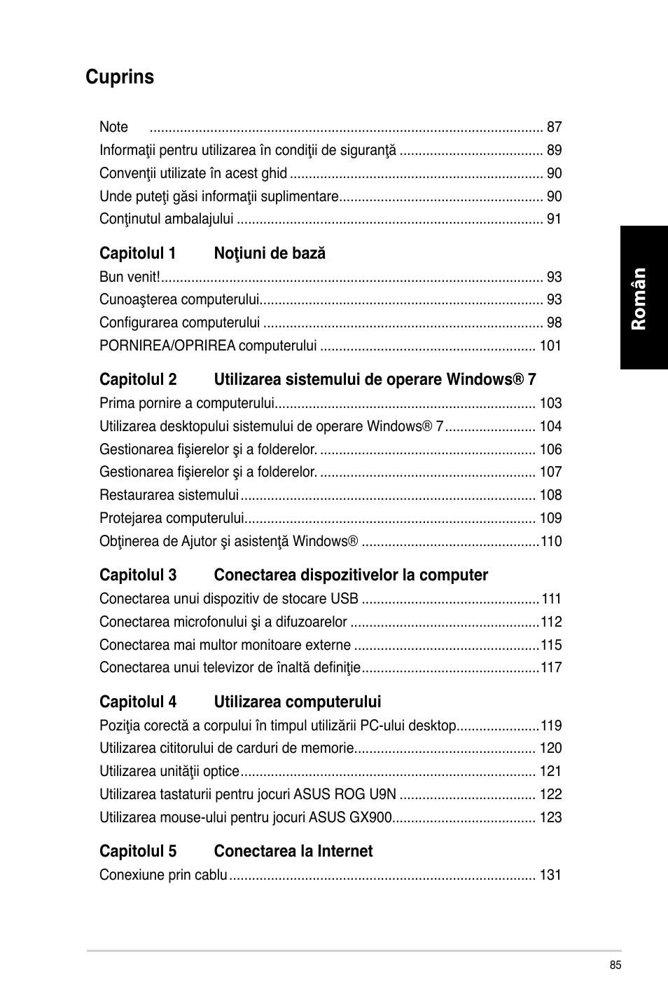 Română, Română cuprins | Asus CG8565 User Manual | Page 85 / 246