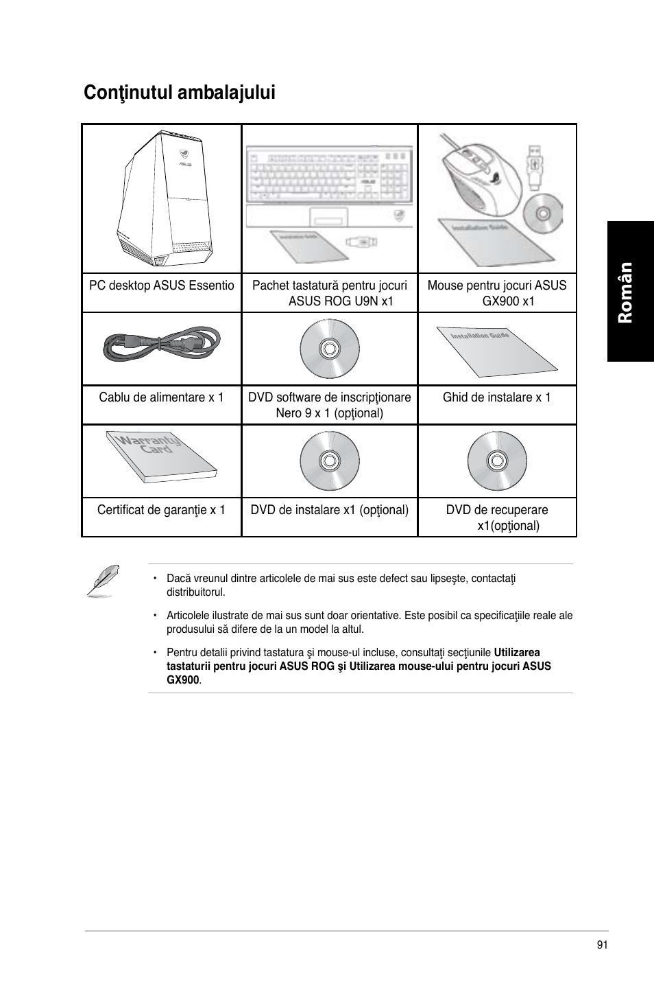 Conţinutul ambalajului, Română | Asus CG8565 User Manual | Page 91 / 246