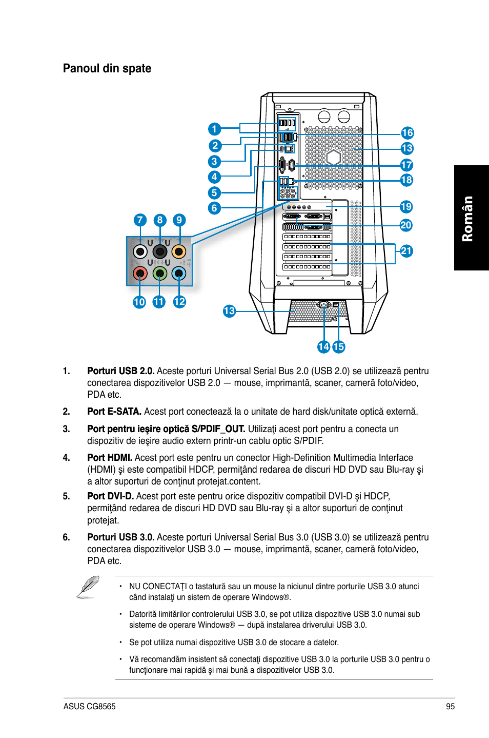 Română, Panoul din spate | Asus CG8565 User Manual | Page 95 / 246