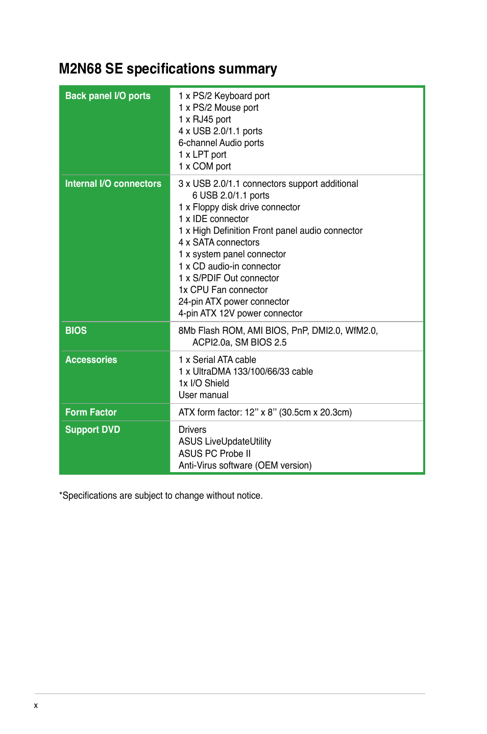 M2n68 se specifications summary | Asus M2N68 SE User Manual | Page 10 / 60