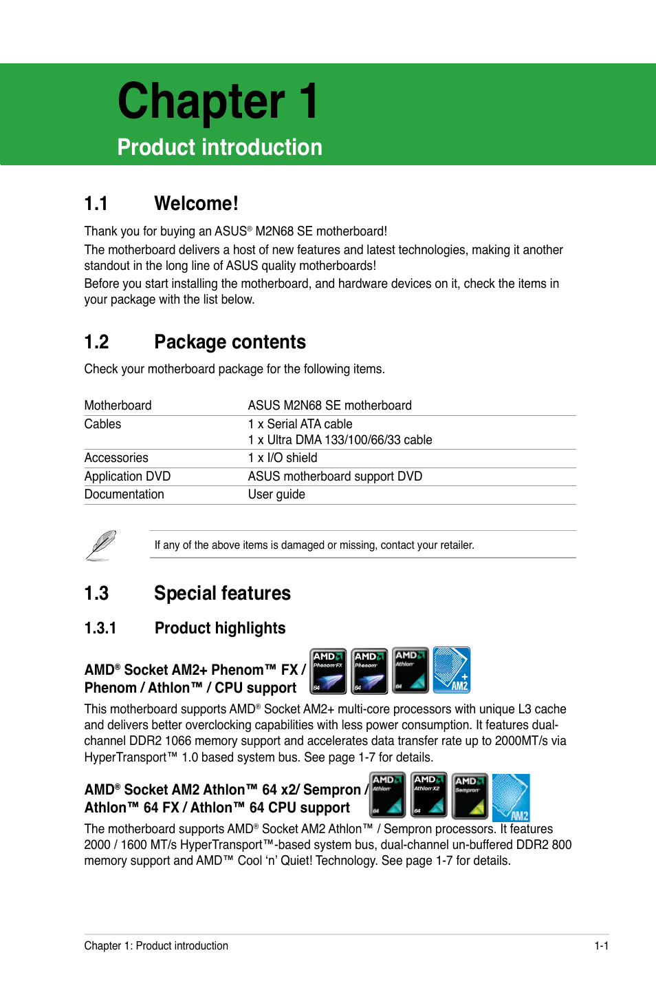 Chapter 1, Product introduction, 1 welcome | 2 package contents, 3 special features, 1 product highlights, Chapter 1: product introduction, Welcome! -1, Package contents -1, Special features -1 1.3.1 | Asus M2N68 SE User Manual | Page 11 / 60
