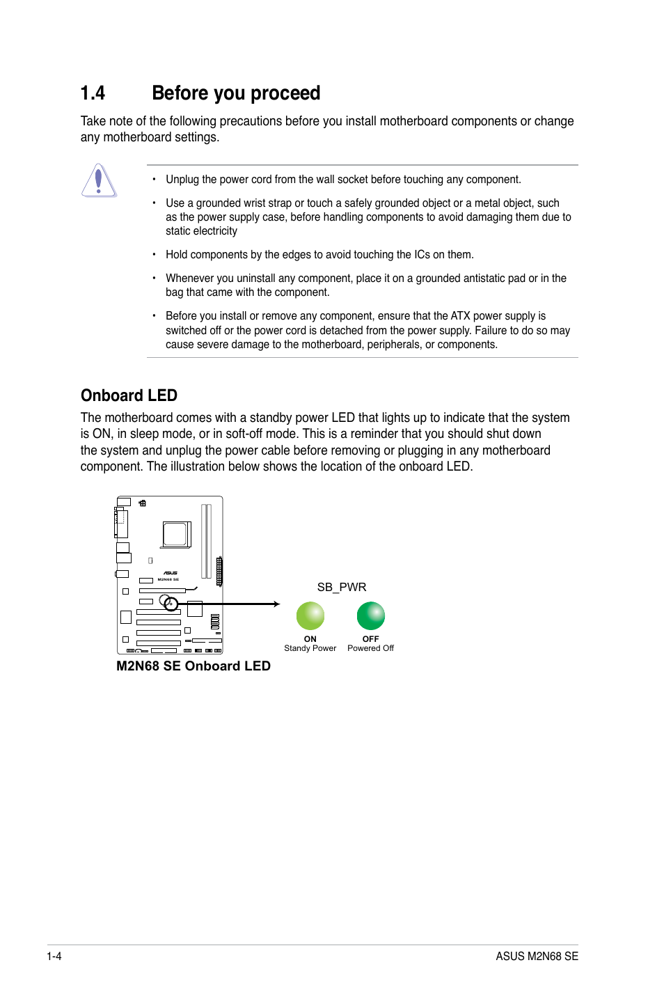 4 before you proceed, Before you proceed -4, Onboard led | Asus M2N68 SE User Manual | Page 14 / 60