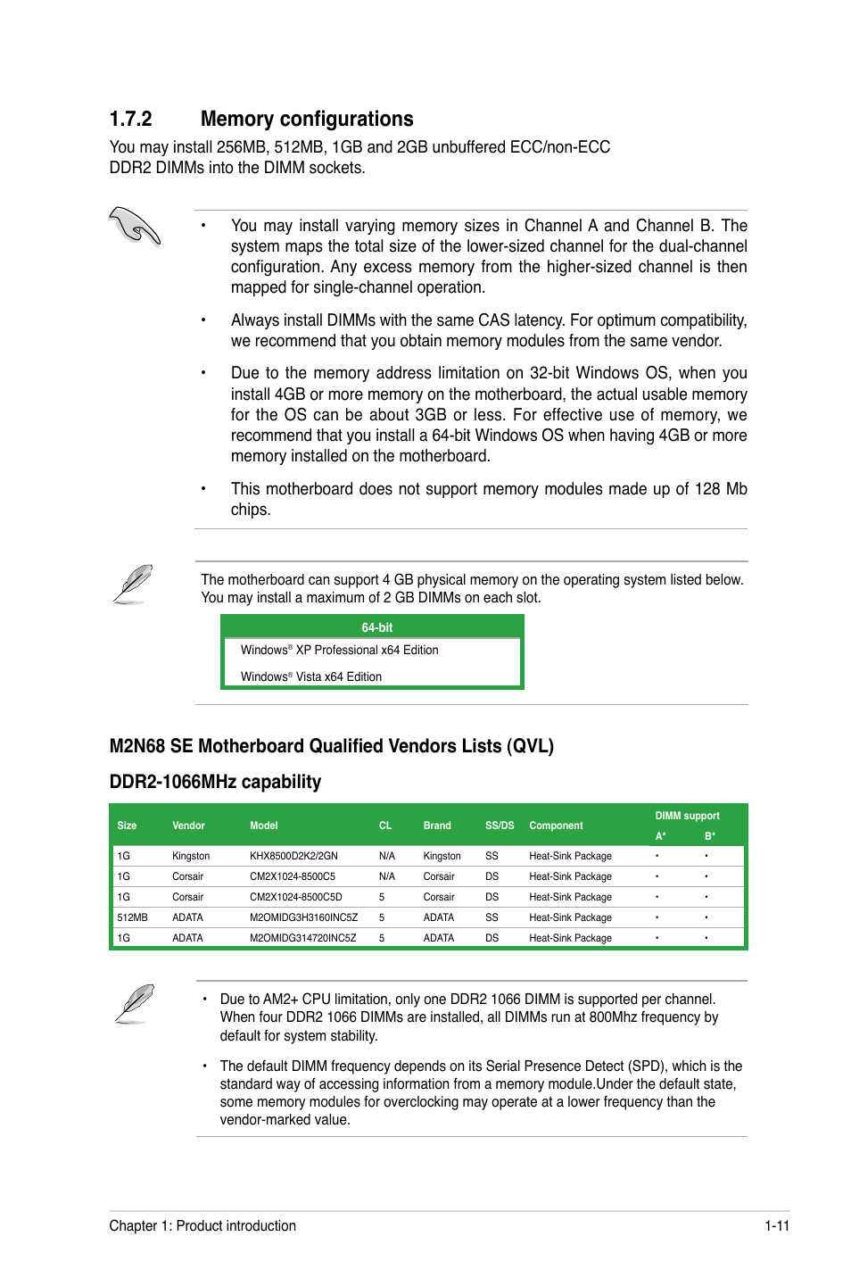 2 memory configurations, Memory configurations -11 | Asus M2N68 SE User Manual | Page 21 / 60