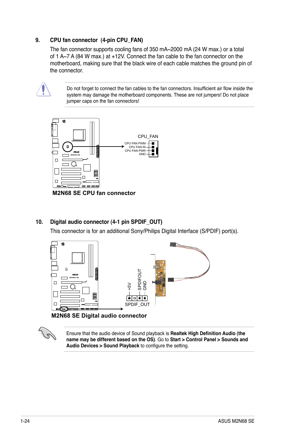 M2n68 se digital audio connector, M2n68 se cpu fan connector | Asus M2N68 SE User Manual | Page 34 / 60
