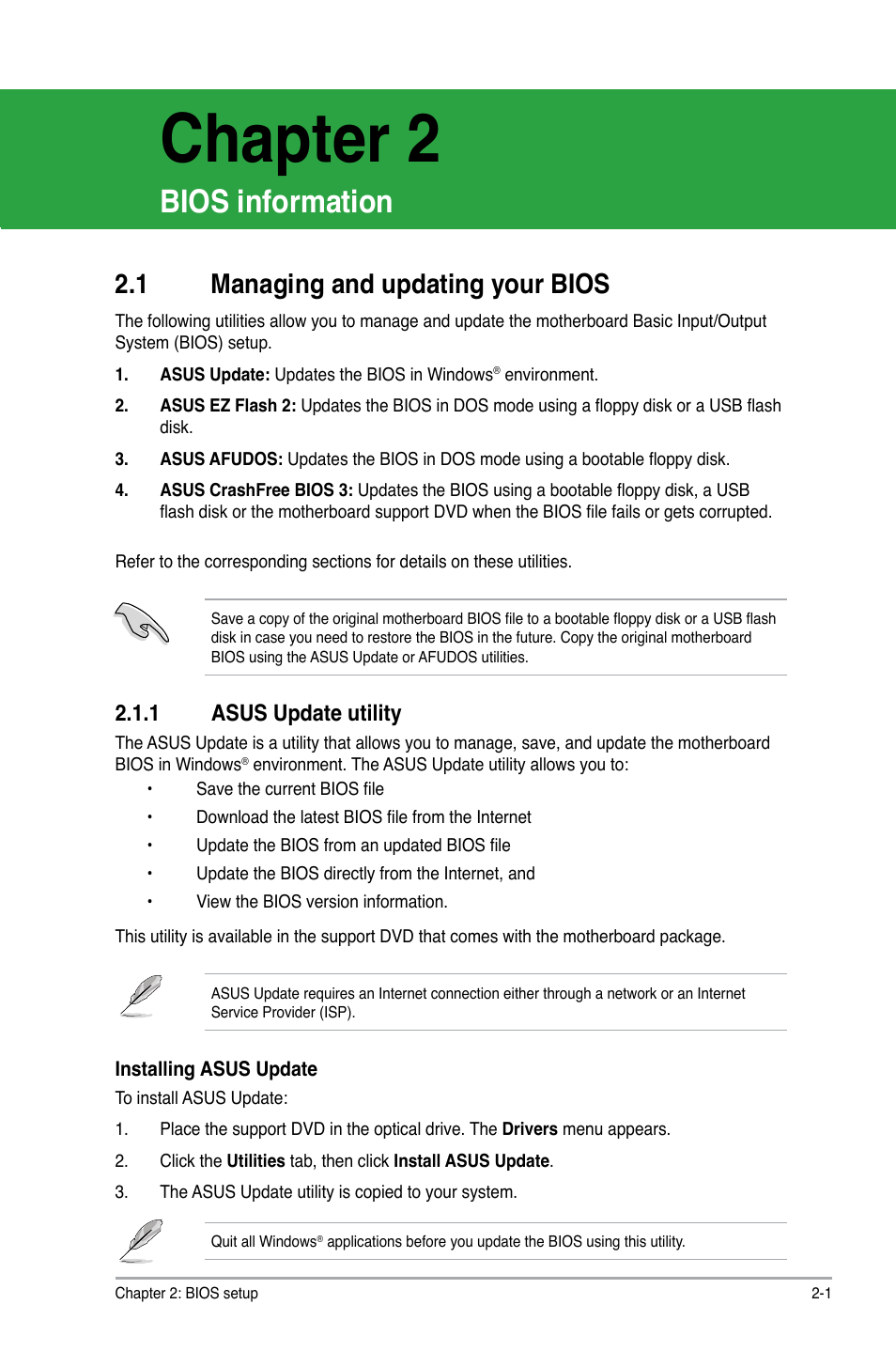 Chapter 2, Bios information, 1 managing and updating your bios | 1 asus update utility, Chapter 2: bios information, Managing and updating your bios -1 2.1.1, Asus update utility -1 | Asus M2N68 SE User Manual | Page 37 / 60