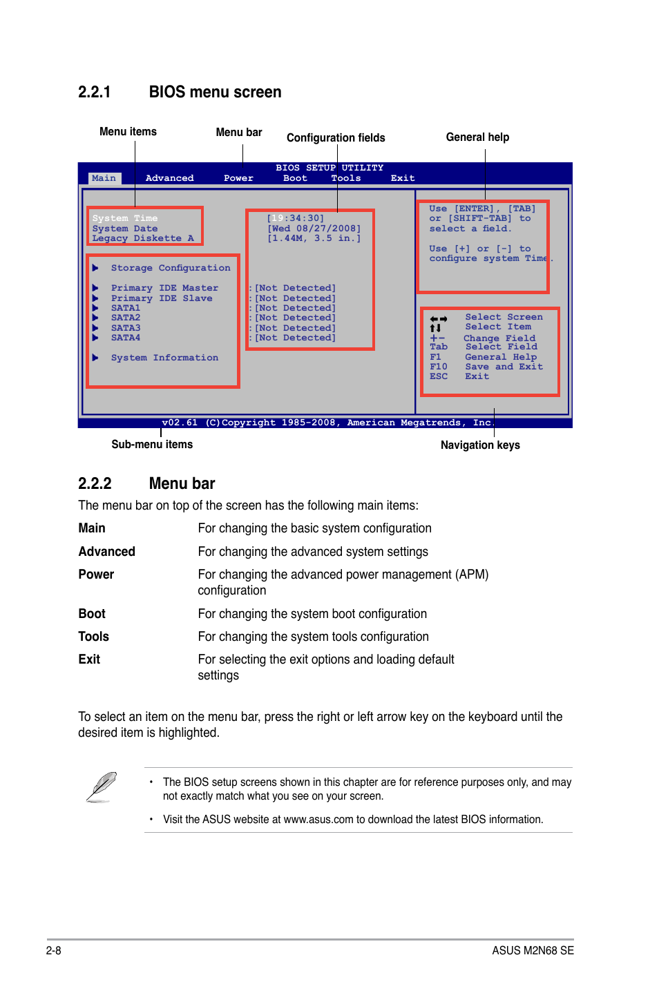 1 bios menu screen, 2 menu bar, Bios menu screen -8 | Menu bar -8, 1 bios menu screen 2.2.2 menu bar | Asus M2N68 SE User Manual | Page 44 / 60